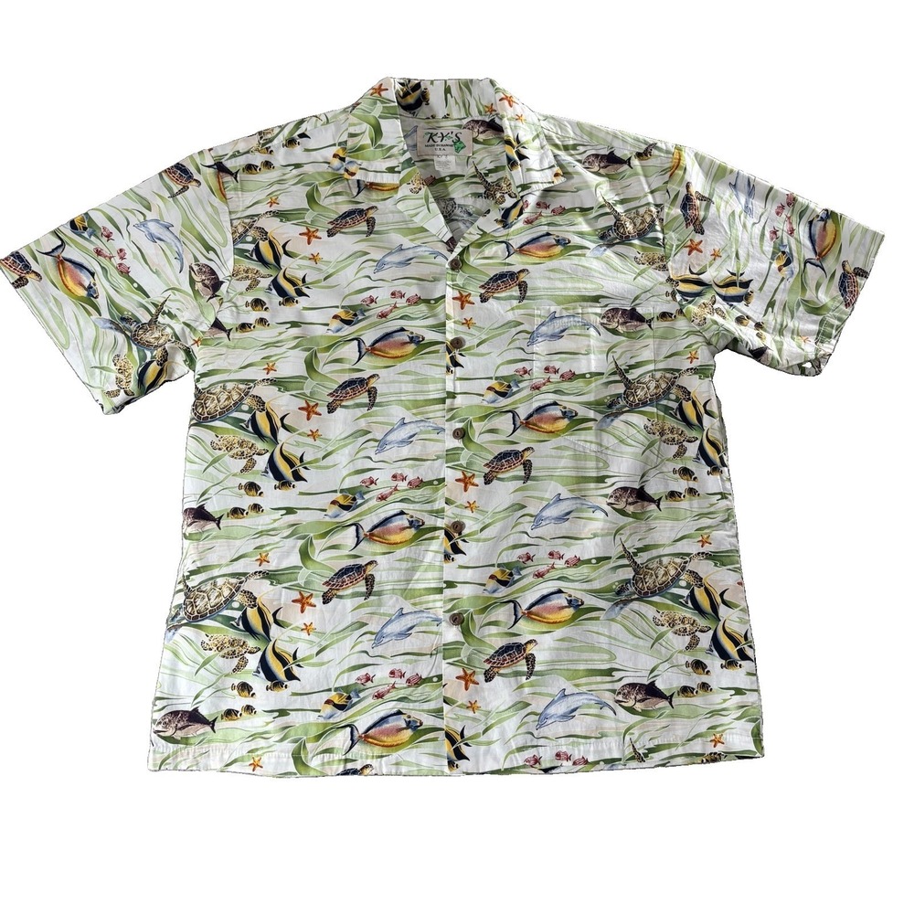 KY'S Hawaiian Shirt Mens Large Ocean Sea Life Aloha Camp Made in Hawaii Cotton